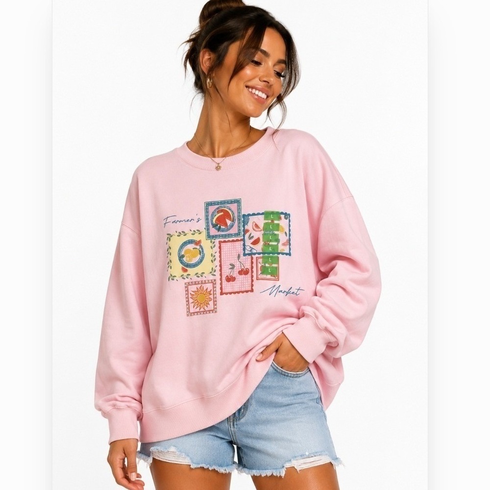 Feeling Festive Sweatshirt Womens Large Pink Farmers Market Graphic Crewneck M